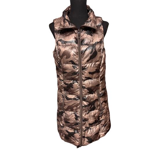 L’Atelier Camo Print Down Puffer Vest Metallic Bronze Quilted Outerwear - Picture 2 of 6